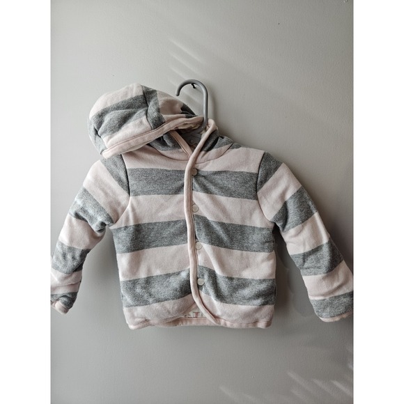 Burt's Bees Other - Burts Bees Puffy Jacket Pink/Gray Stripped With Hood Sz 3-6M 100% Organic Cotton